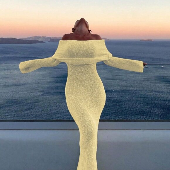 Light Yellow Elegant Women's Sexy Beach Vacation Off shoulder maxi Dress - Picture 2 of 10